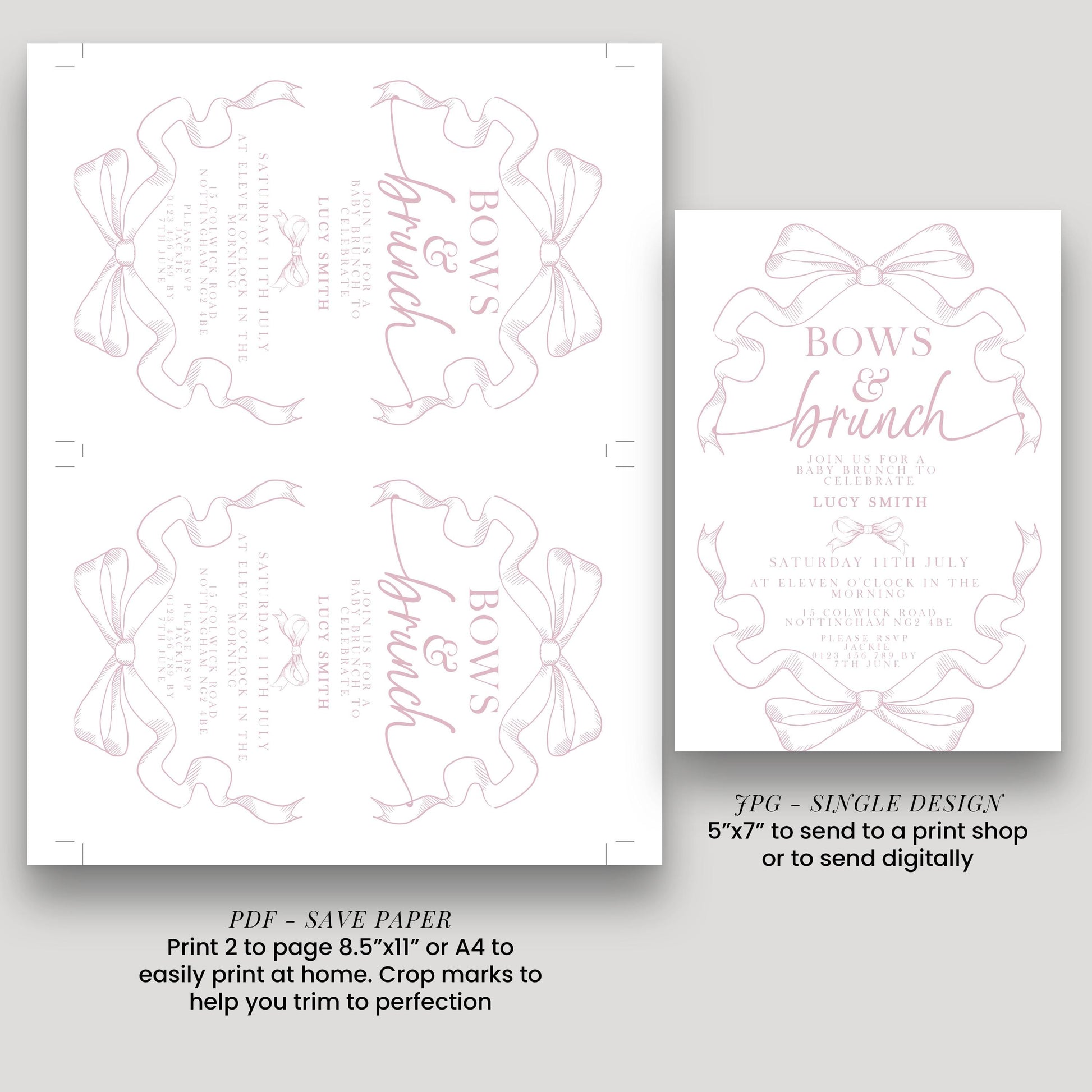 Pink Toile Bows and Brunch Invitation, Editable Baby Shower Brunch Invite, Corjl Template, Elegant Ribbon Design, Girl Baby Shower PT20