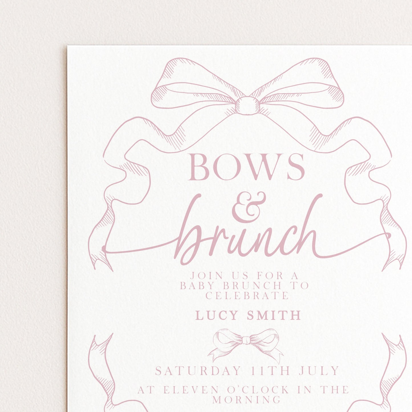 Pink Toile Bows and Brunch Invitation, Editable Baby Shower Brunch Invite, Corjl Template, Elegant Ribbon Design, Girl Baby Shower PT20