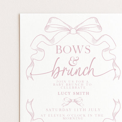 Pink Toile Bows and Brunch Invitation, Editable Baby Shower Brunch Invite, Corjl Template, Elegant Ribbon Design, Girl Baby Shower PT20