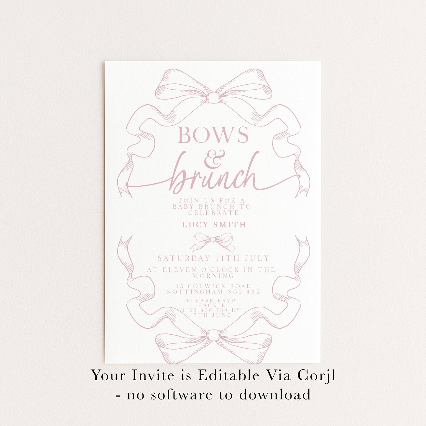 Pink Toile Bows and Brunch Invitation, Editable Baby Shower Brunch Invite, Corjl Template, Elegant Ribbon Design, Girl Baby Shower PT20