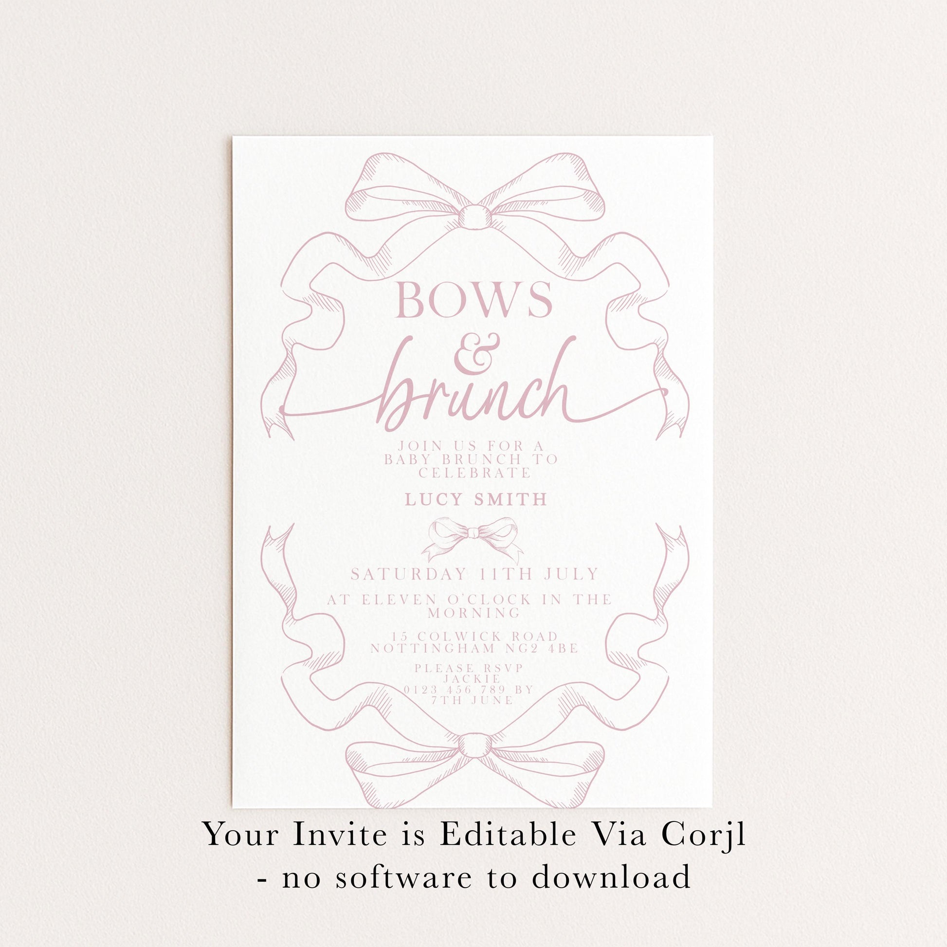 Pink Toile Bows and Brunch Invitation, Editable Baby Shower Brunch Invite, Corjl Template, Elegant Ribbon Design, Girl Baby Shower PT20
