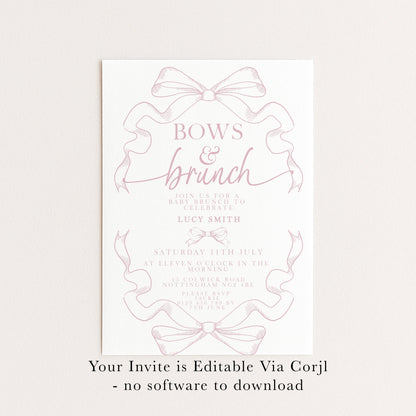 Pink Toile Bows and Brunch Invitation, Editable Baby Shower Brunch Invite, Corjl Template, Elegant Ribbon Design, Girl Baby Shower PT20