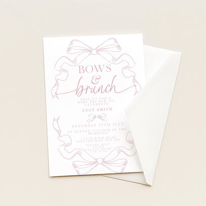 Pink Toile Bows and Brunch Invitation, Editable Baby Shower Brunch Invite, Corjl Template, Elegant Ribbon Design, Girl Baby Shower PT20