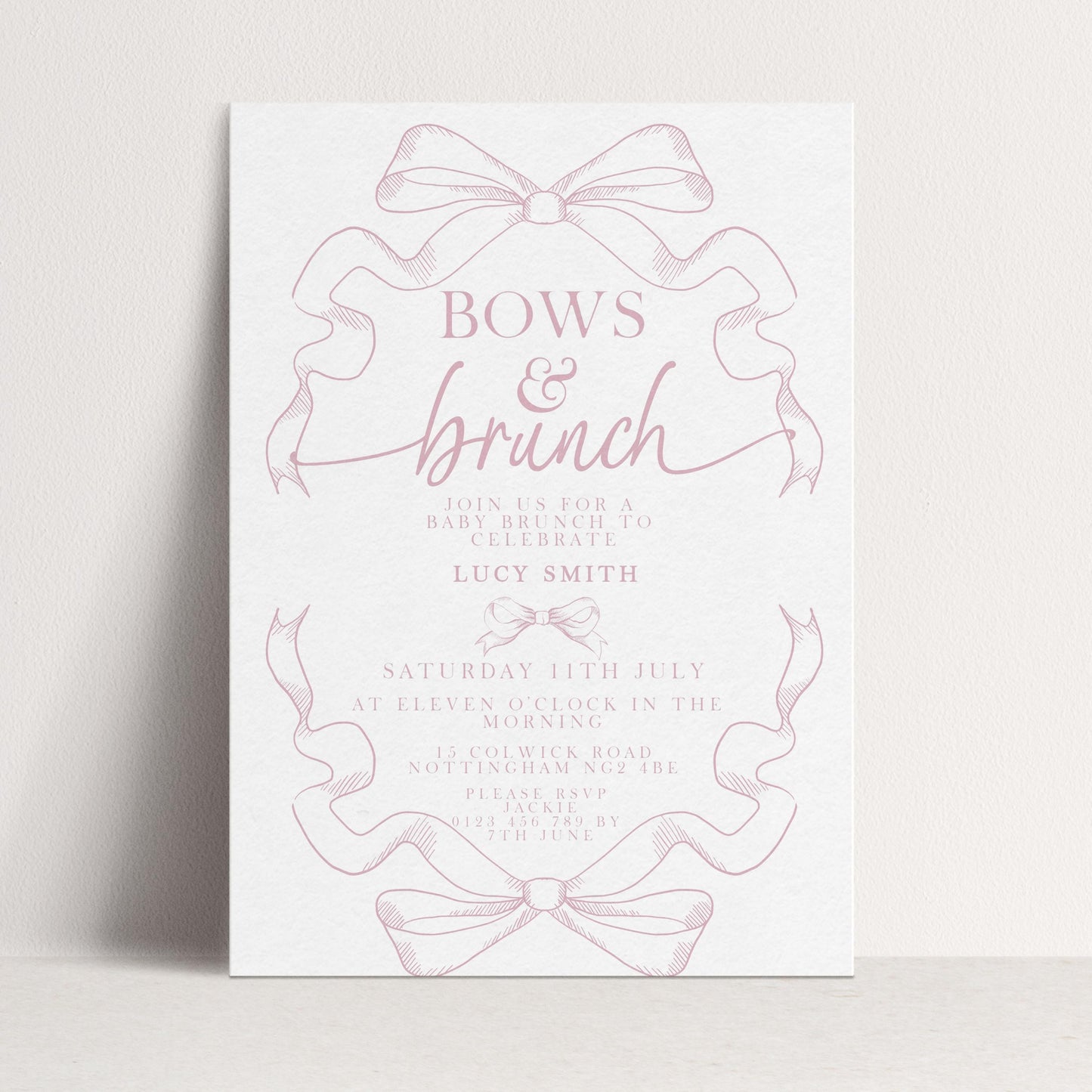Pink Toile Bows and Brunch Invitation, Editable Baby Shower Brunch Invite, Corjl Template, Elegant Ribbon Design, Girl Baby Shower PT20
