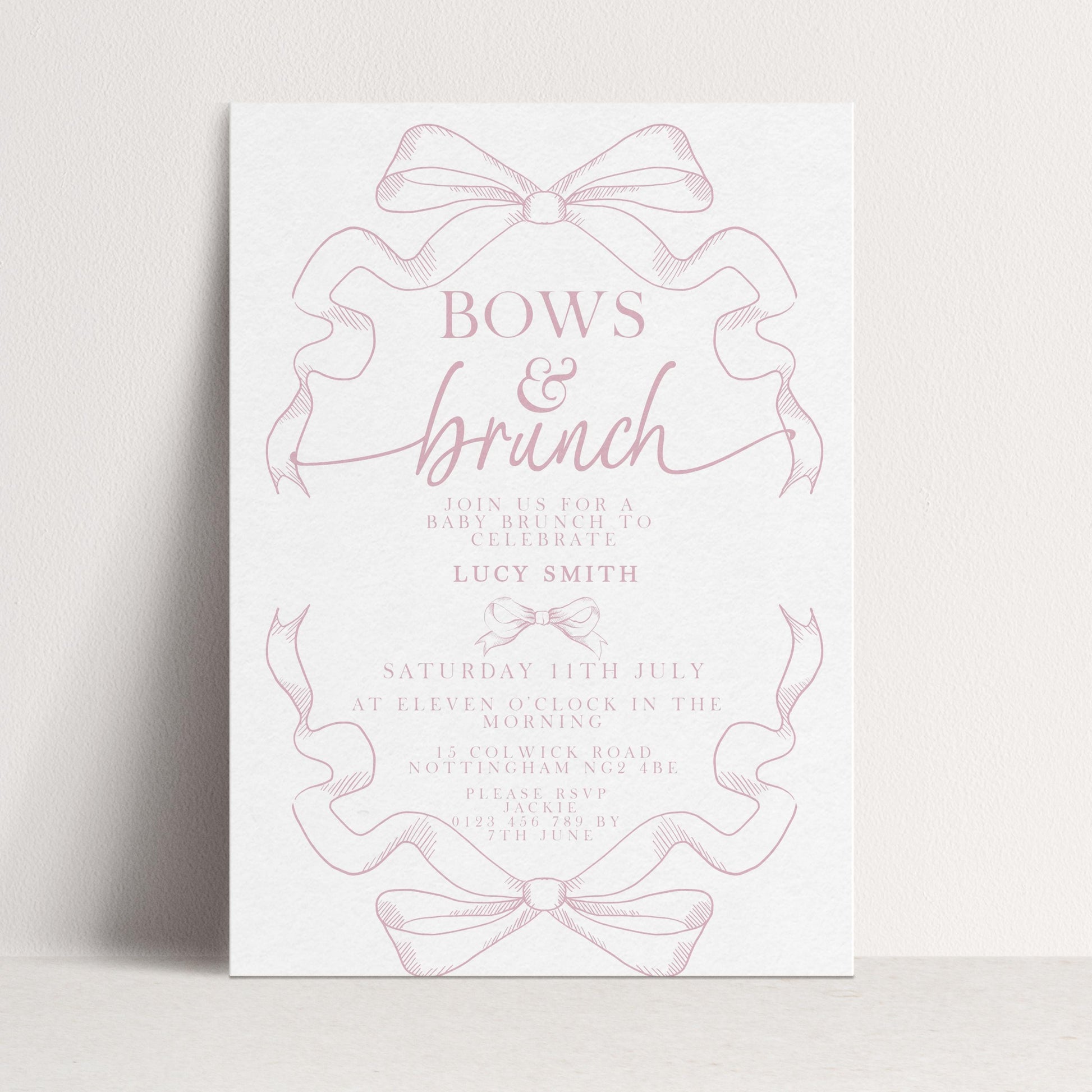 Pink Toile Bows and Brunch Invitation, Editable Baby Shower Brunch Invite, Corjl Template, Elegant Ribbon Design, Girl Baby Shower PT20