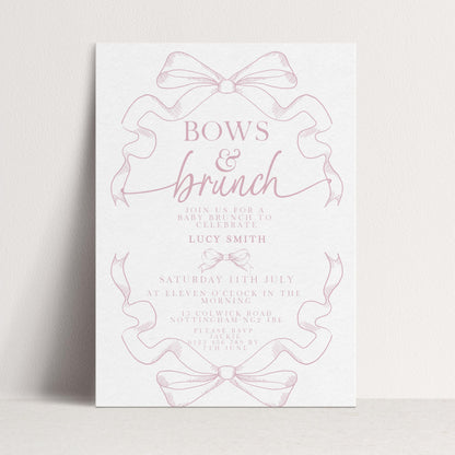 Pink Toile Bows and Brunch Invitation, Editable Baby Shower Brunch Invite, Corjl Template, Elegant Ribbon Design, Girl Baby Shower PT20