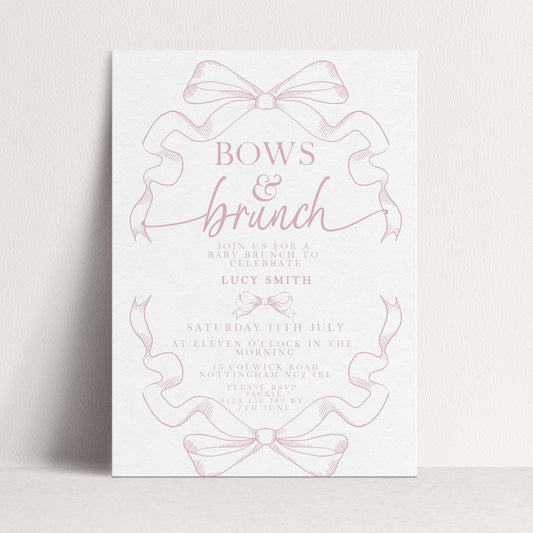 Pink Toile Bows and Brunch Invitation, Editable Baby Shower Brunch Invite, Corjl Template, Elegant Ribbon Design, Girl Baby Shower PT20