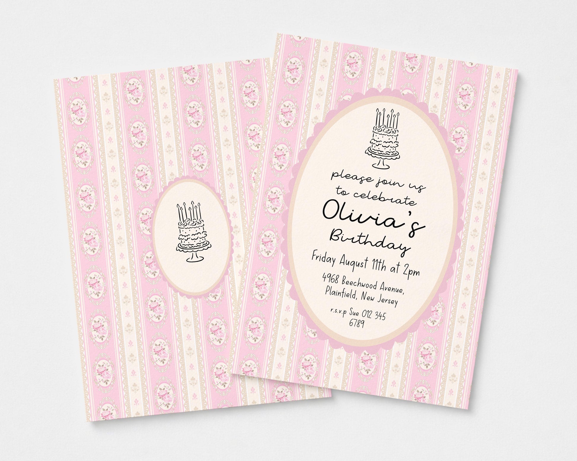 Pink Vintage Birthday Invitation, Editable Birthday Party Invite, Elegant Floral Stripe Party Invitation, Girls Birthday Printable