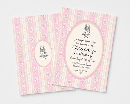 Pink Vintage Birthday Invitation, Editable Birthday Party Invite, Elegant Floral Stripe Party Invitation, Girls Birthday Printable