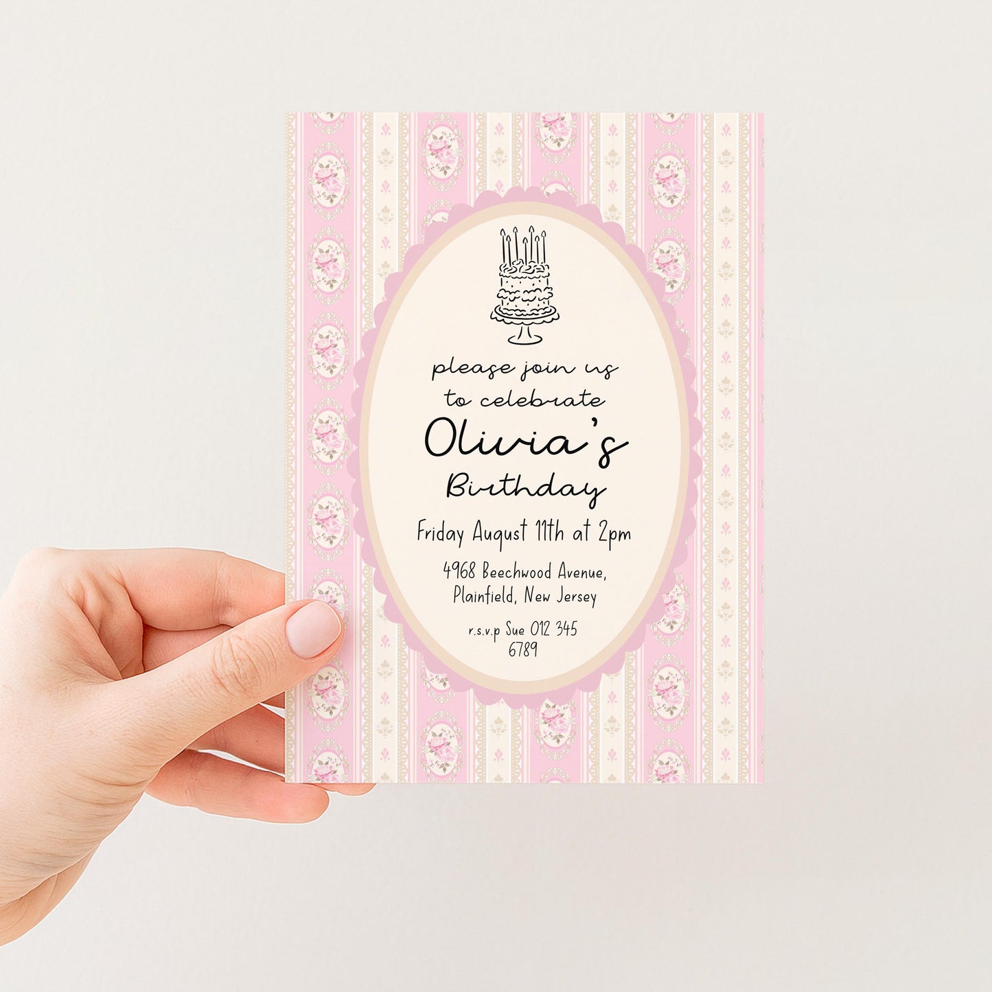 Pink Vintage Birthday Invitation, Editable Birthday Party Invite, Elegant Floral Stripe Party Invitation, Girls Birthday Printable