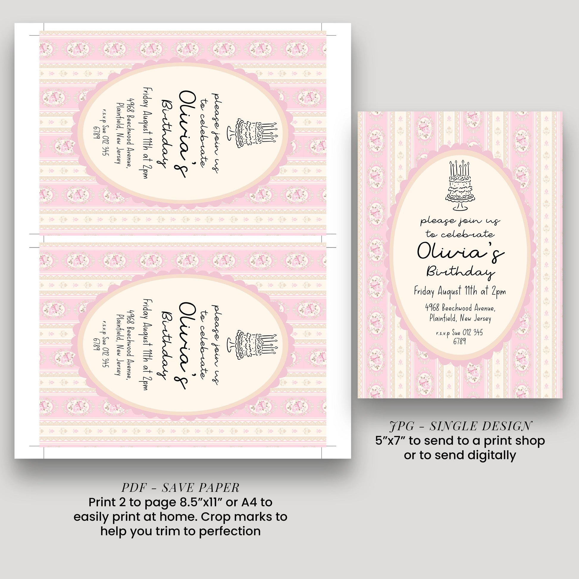 Pink Vintage Birthday Invitation, Editable Birthday Party Invite, Elegant Floral Stripe Party Invitation, Girls Birthday Printable