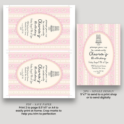 Pink Vintage Birthday Invitation, Editable Birthday Party Invite, Elegant Floral Stripe Party Invitation, Girls Birthday Printable