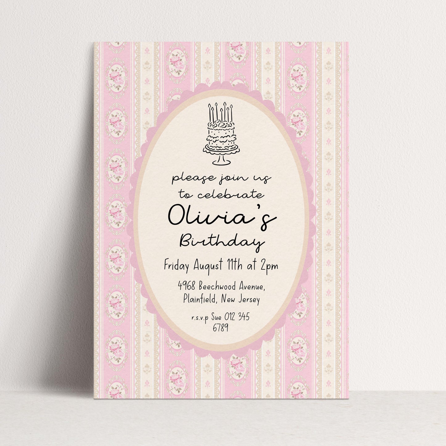 Pink Vintage Birthday Invitation, Editable Birthday Party Invite, Elegant Floral Stripe Party Invitation, Girls Birthday Printable