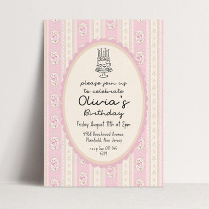 Pink Vintage Birthday Invitation, Editable Birthday Party Invite, Elegant Floral Stripe Party Invitation, Girls Birthday Printable