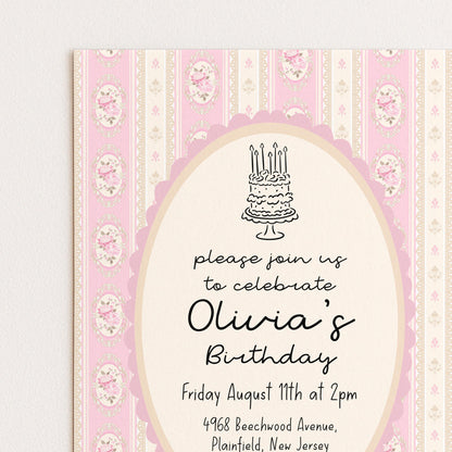 Pink Vintage Birthday Invitation, Editable Birthday Party Invite, Elegant Floral Stripe Party Invitation, Girls Birthday Printable