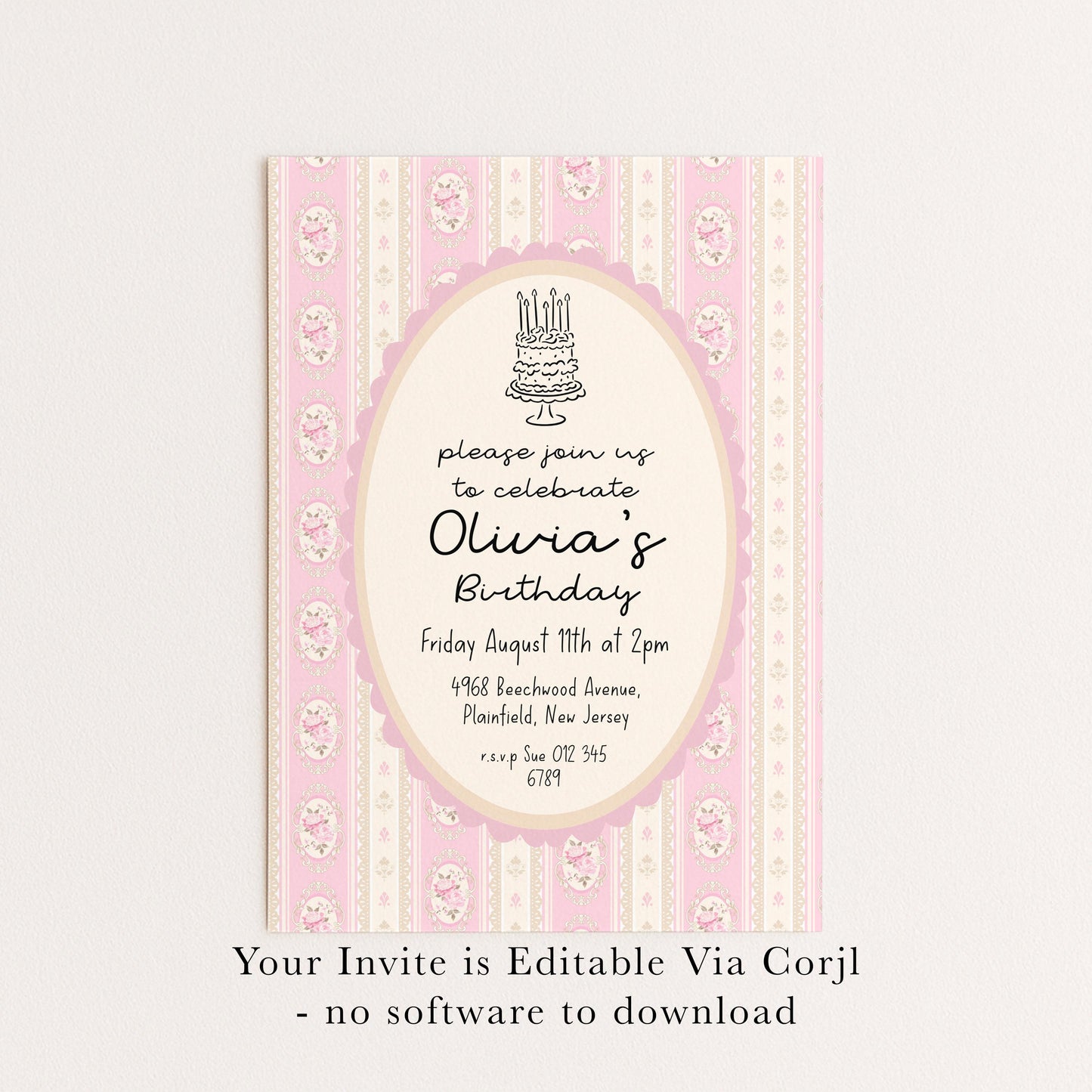 Pink Vintage Birthday Invitation, Editable Birthday Party Invite, Elegant Floral Stripe Party Invitation, Girls Birthday Printable