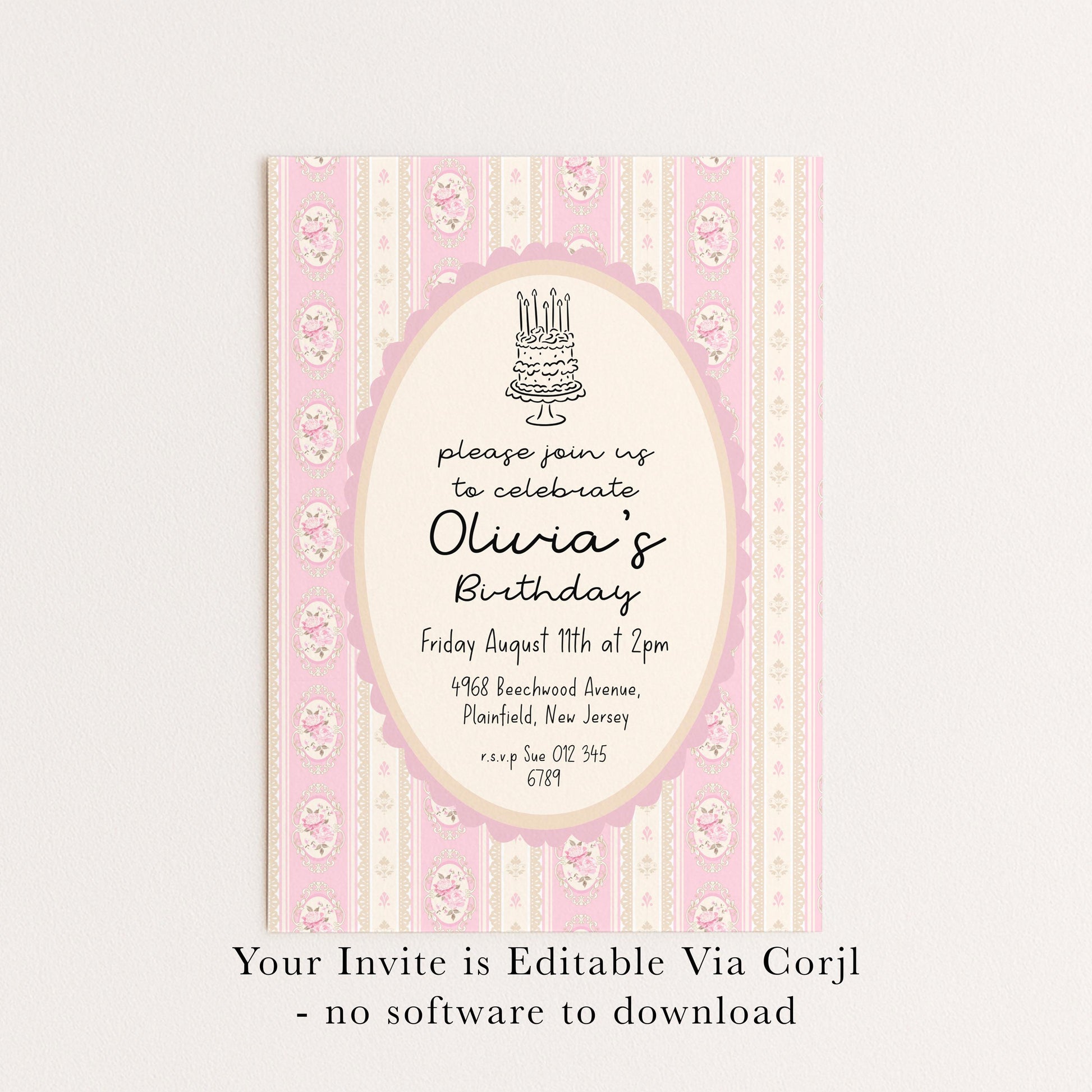 Pink Vintage Birthday Invitation, Editable Birthday Party Invite, Elegant Floral Stripe Party Invitation, Girls Birthday Printable