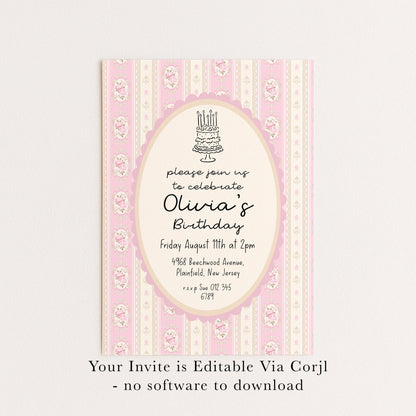 Pink Vintage Birthday Invitation, Editable Birthday Party Invite, Elegant Floral Stripe Party Invitation, Girls Birthday Printable