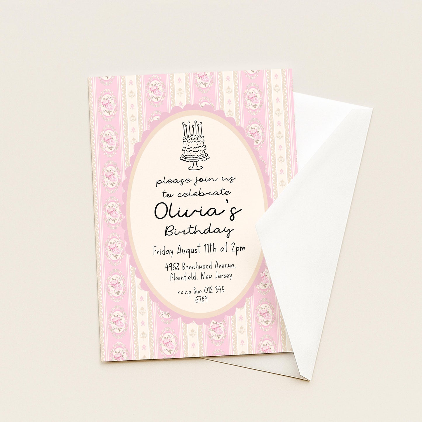 Pink Vintage Birthday Invitation, Editable Birthday Party Invite, Elegant Floral Stripe Party Invitation, Girls Birthday Printable