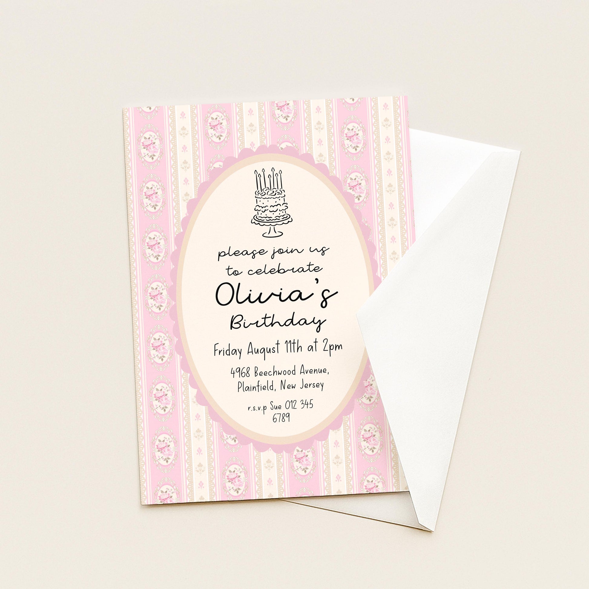 Pink Vintage Birthday Invitation, Editable Birthday Party Invite, Elegant Floral Stripe Party Invitation, Girls Birthday Printable