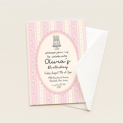 Pink Vintage Birthday Invitation, Editable Birthday Party Invite, Elegant Floral Stripe Party Invitation, Girls Birthday Printable