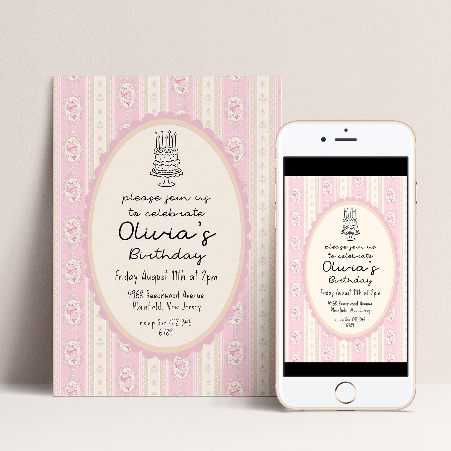 Pink Vintage Birthday Invitation, Editable Birthday Party Invite, Elegant Floral Stripe Party Invitation, Girls Birthday Printable