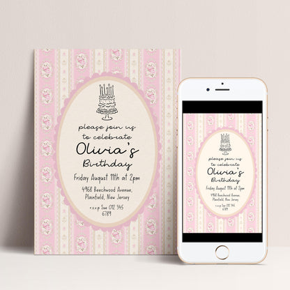 Pink Vintage Birthday Invitation, Editable Birthday Party Invite, Elegant Floral Stripe Party Invitation, Girls Birthday Printable