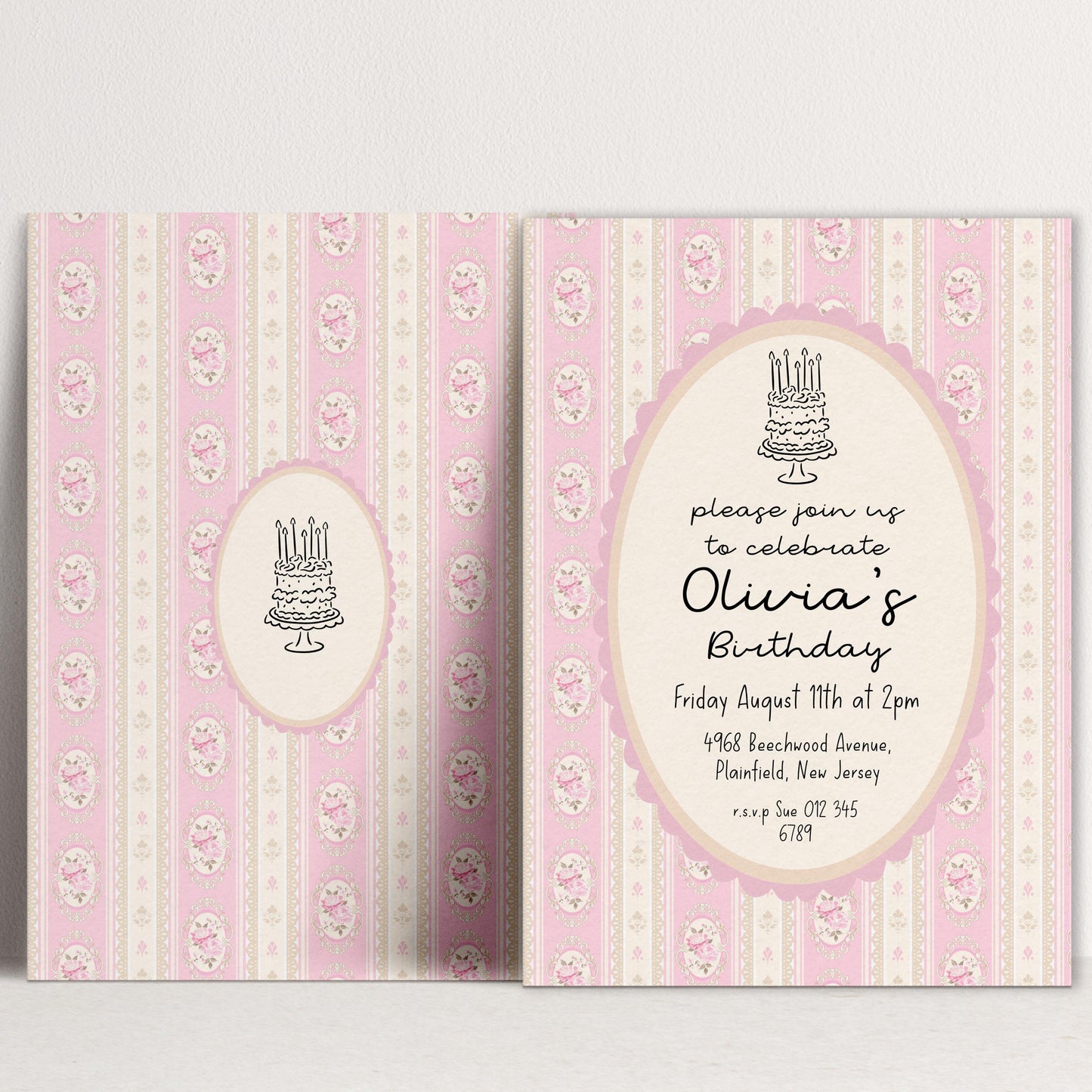 Pink Vintage Birthday Invitation, Editable Birthday Party Invite, Elegant Floral Stripe Party Invitation, Girls Birthday Printable