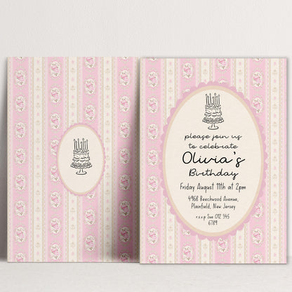 Pink Vintage Birthday Invitation, Editable Birthday Party Invite, Elegant Floral Stripe Party Invitation, Girls Birthday Printable