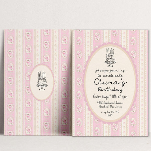 Pink Vintage Birthday Invitation, Editable Birthday Party Invite, Elegant Floral Stripe Party Invitation, Girls Birthday Printable