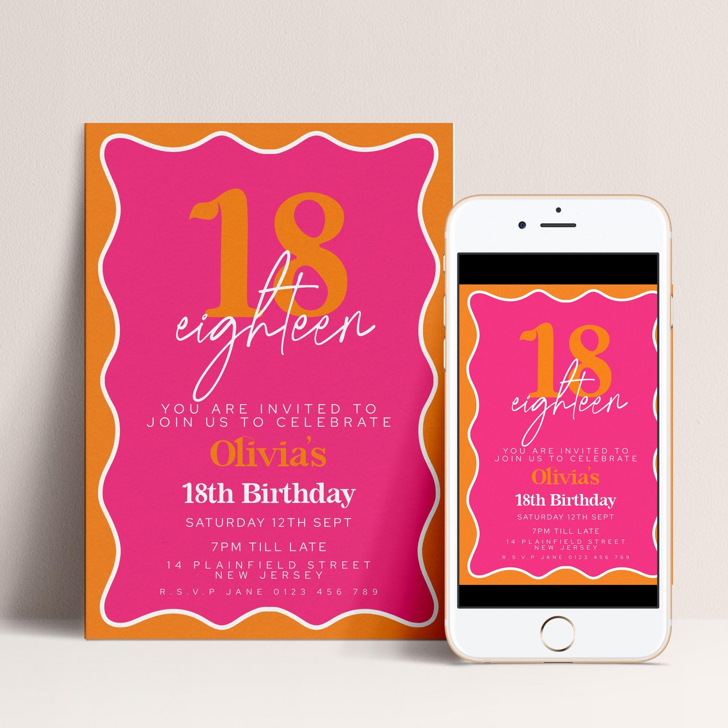 Editable Pink and Orange 18th Birthday Invitation, Modern Wavy Border Party Invite, Bright Colour Corjl Template, Printable Birthday Card