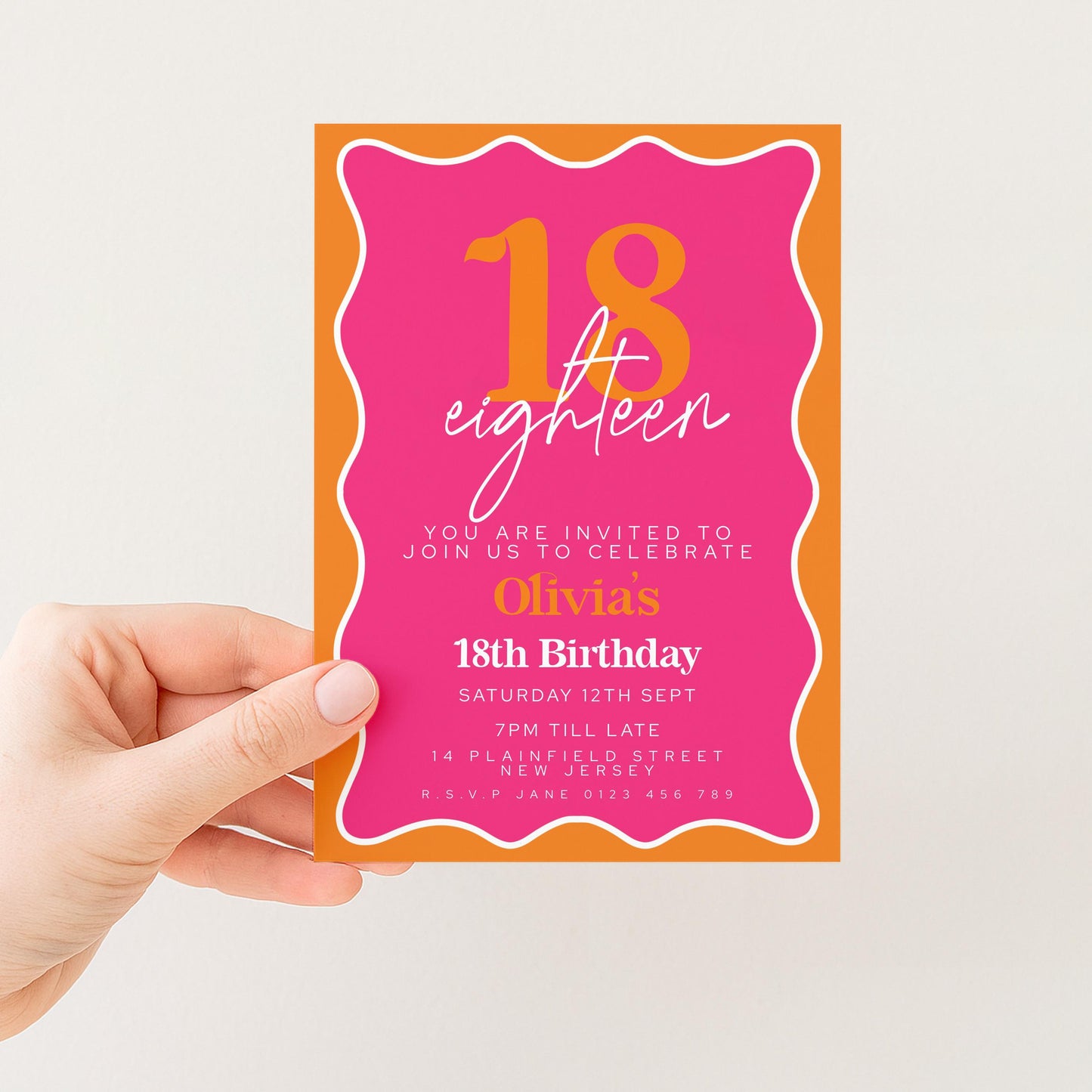 Editable Pink and Orange 18th Birthday Invitation, Modern Wavy Border Party Invite, Bright Colour Corjl Template, Printable Birthday Card