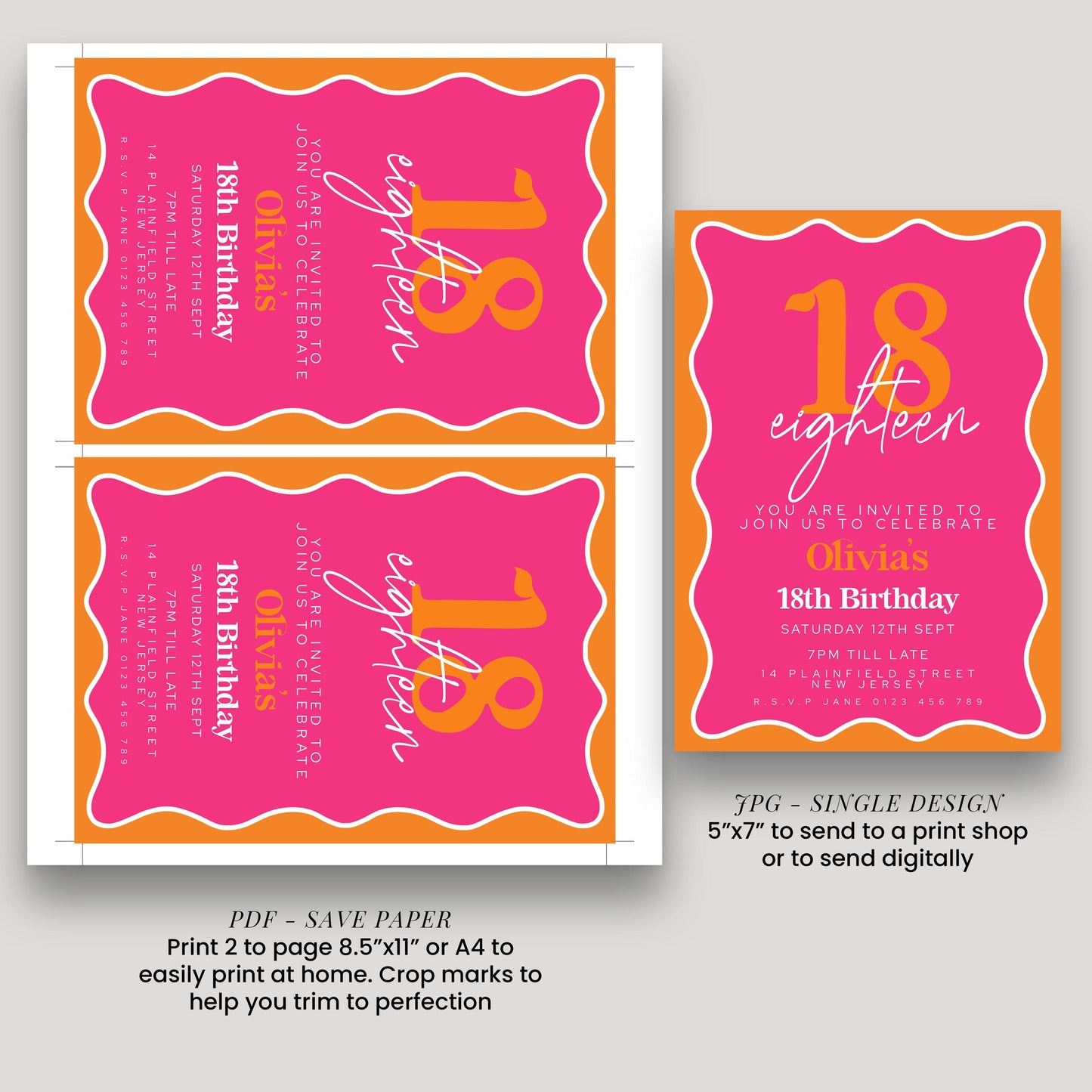 Editable Pink and Orange 18th Birthday Invitation, Modern Wavy Border Party Invite, Bright Colour Corjl Template, Printable Birthday Card