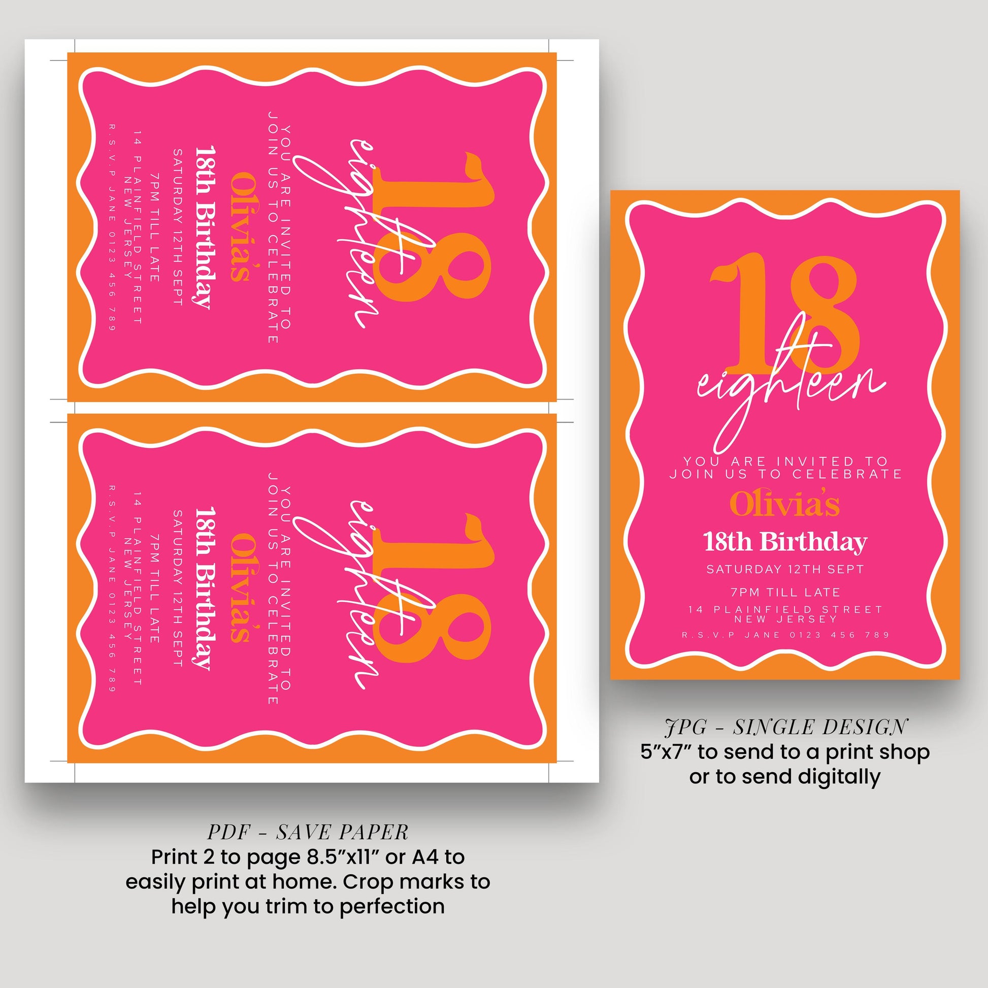 Editable Pink and Orange 18th Birthday Invitation, Modern Wavy Border Party Invite, Bright Colour Corjl Template, Printable Birthday Card
