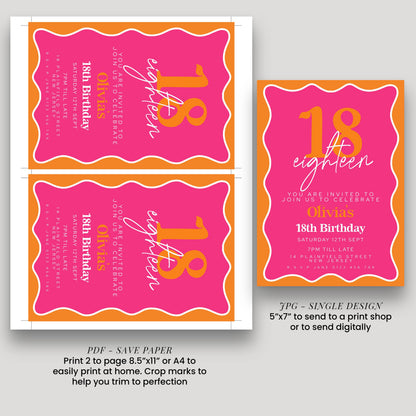 Editable Pink and Orange 18th Birthday Invitation, Modern Wavy Border Party Invite, Bright Colour Corjl Template, Printable Birthday Card