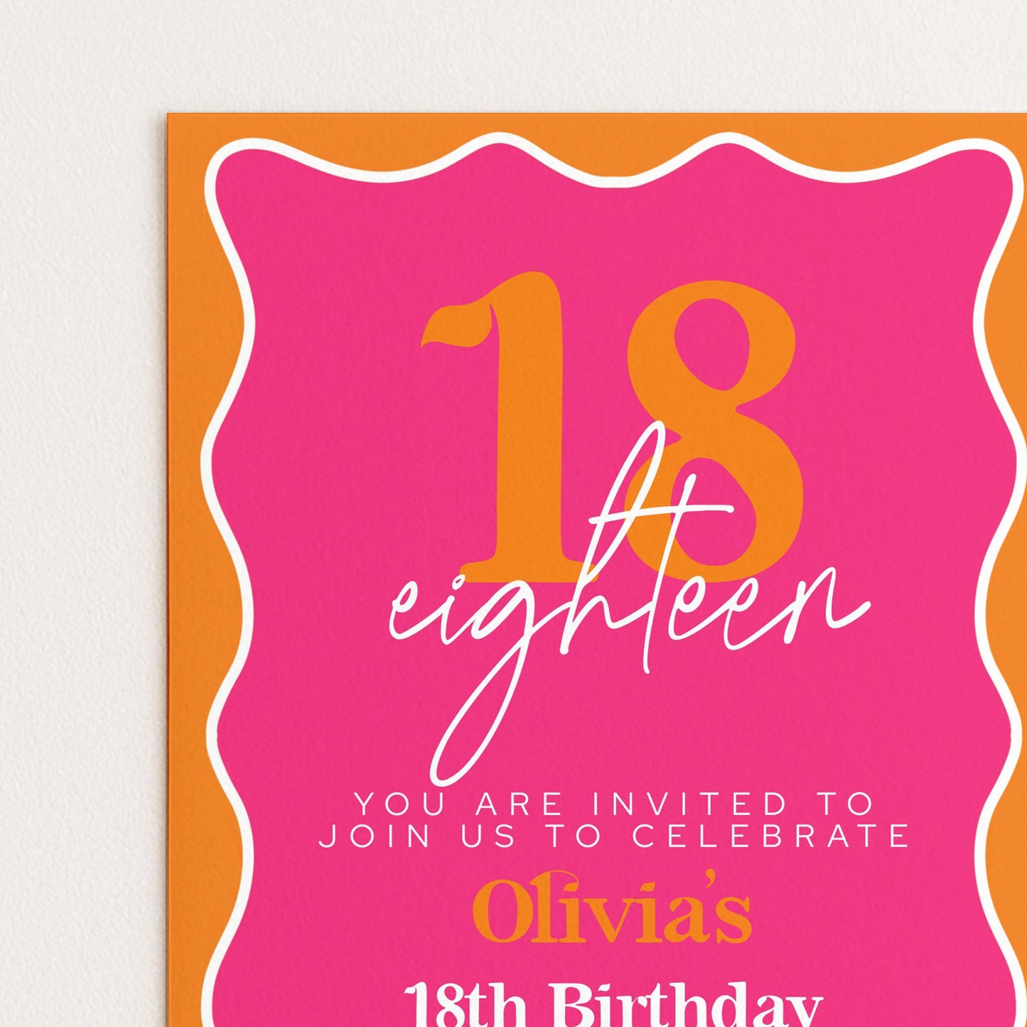 Editable Pink and Orange 18th Birthday Invitation, Modern Wavy Border Party Invite, Bright Colour Corjl Template, Printable Birthday Card