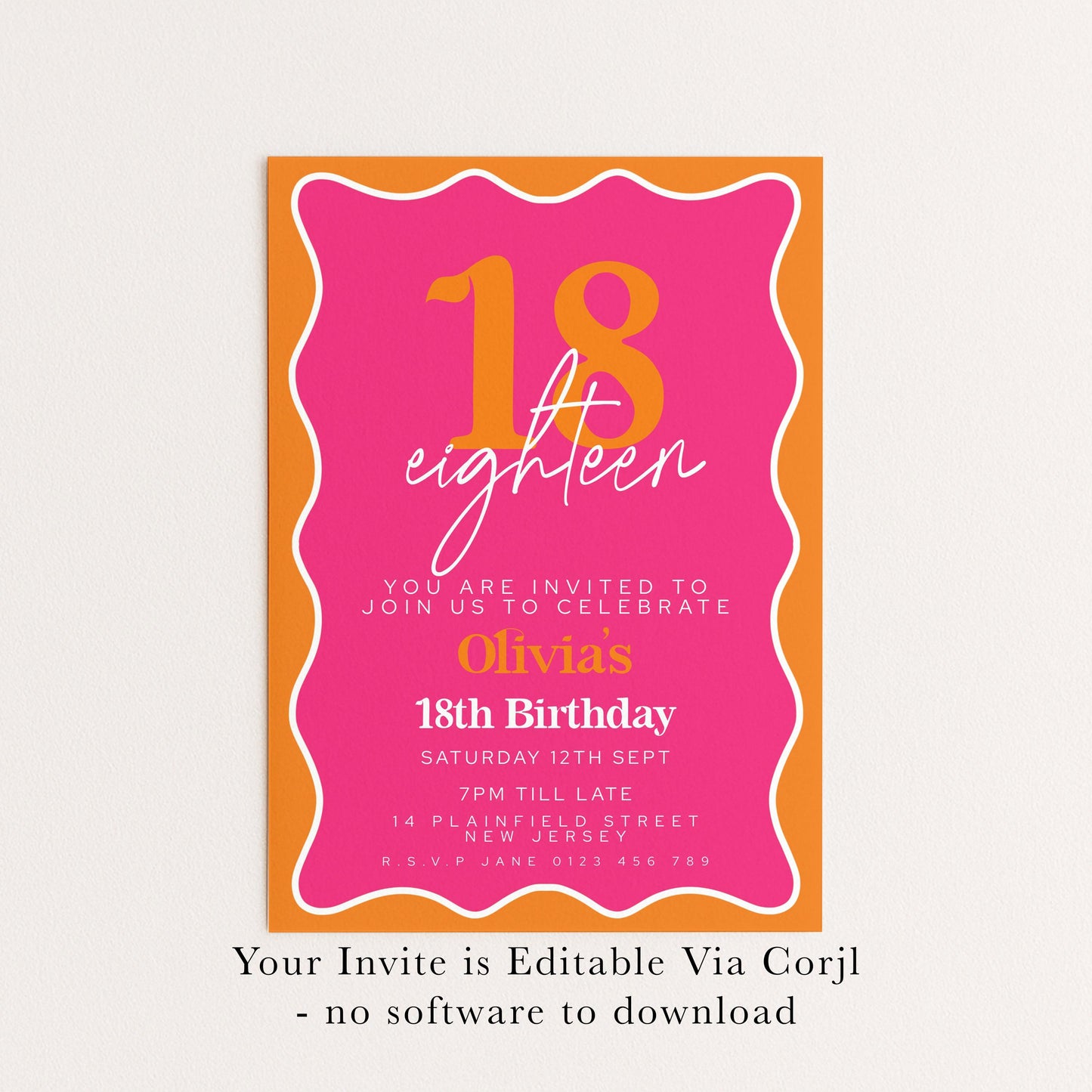 Editable Pink and Orange 18th Birthday Invitation, Modern Wavy Border Party Invite, Bright Colour Corjl Template, Printable Birthday Card
