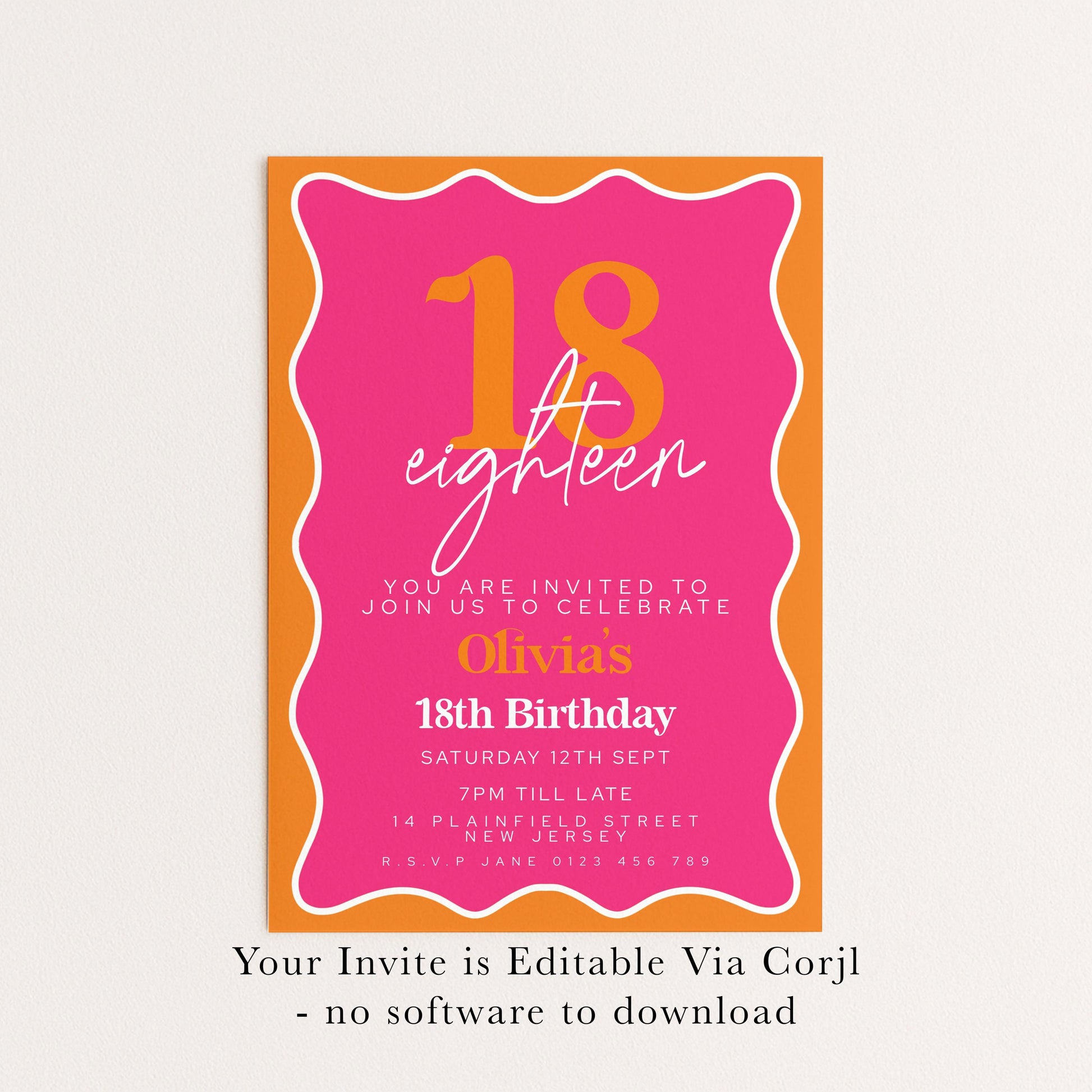 Editable Pink and Orange 18th Birthday Invitation, Modern Wavy Border Party Invite, Bright Colour Corjl Template, Printable Birthday Card