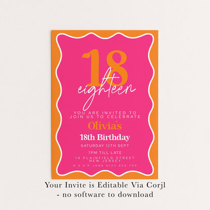 Editable Pink and Orange 18th Birthday Invitation, Modern Wavy Border Party Invite, Bright Colour Corjl Template, Printable Birthday Card