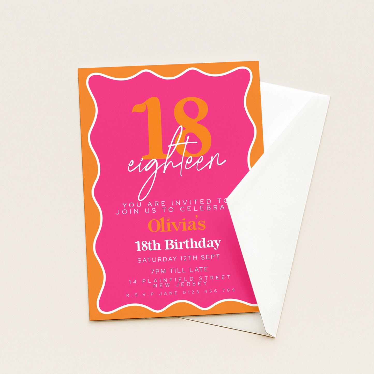 Editable Pink and Orange 18th Birthday Invitation, Modern Wavy Border Party Invite, Bright Colour Corjl Template, Printable Birthday Card