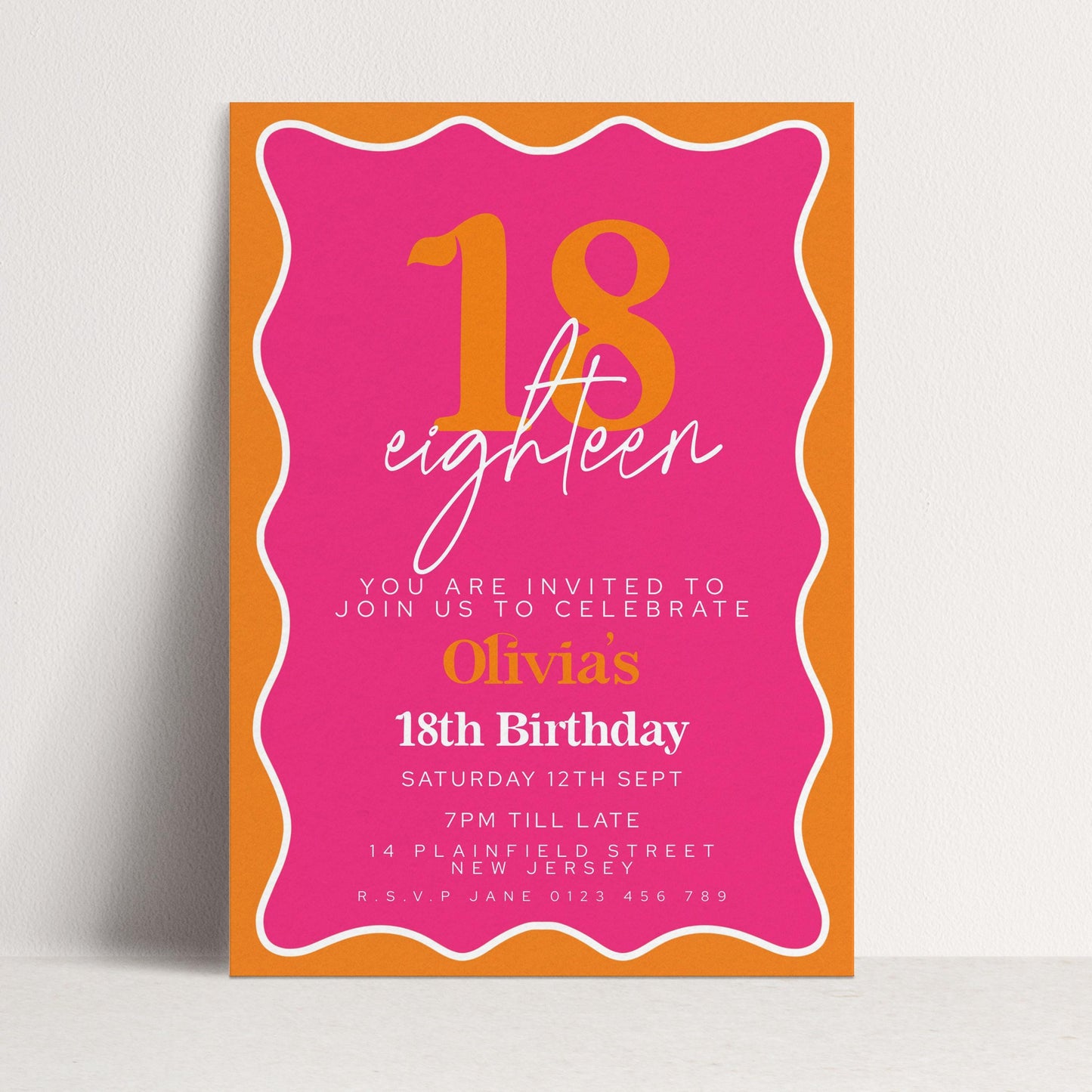 Editable Pink and Orange 18th Birthday Invitation, Modern Wavy Border Party Invite, Bright Colour Corjl Template, Printable Birthday Card