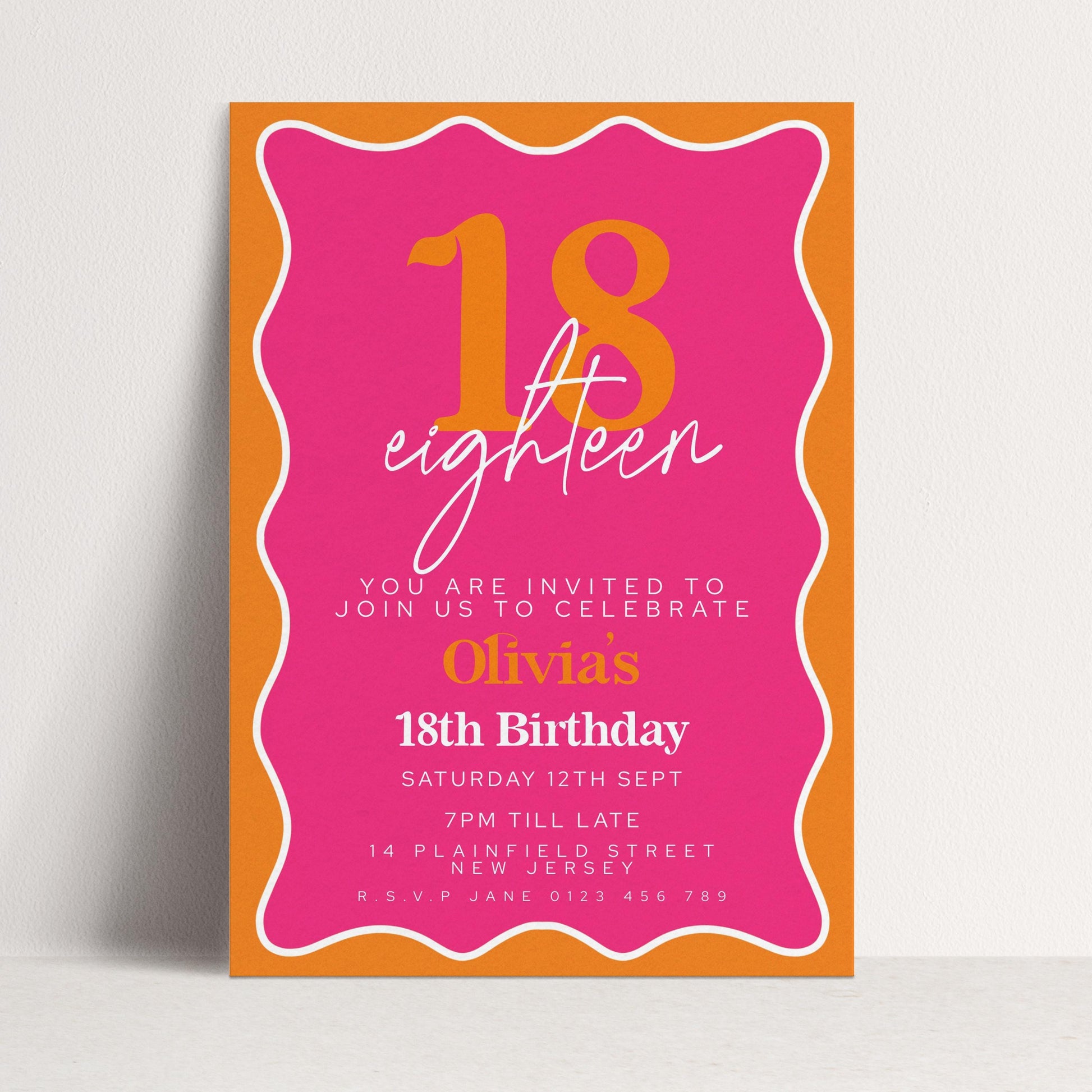 Editable Pink and Orange 18th Birthday Invitation, Modern Wavy Border Party Invite, Bright Colour Corjl Template, Printable Birthday Card