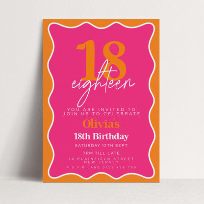 Editable Pink and Orange 18th Birthday Invitation, Modern Wavy Border Party Invite, Bright Colour Corjl Template, Printable Birthday Card