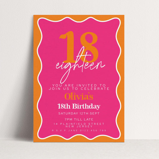 Editable Pink and Orange 18th Birthday Invitation, Modern Wavy Border Party Invite, Bright Colour Corjl Template, Printable Birthday Card