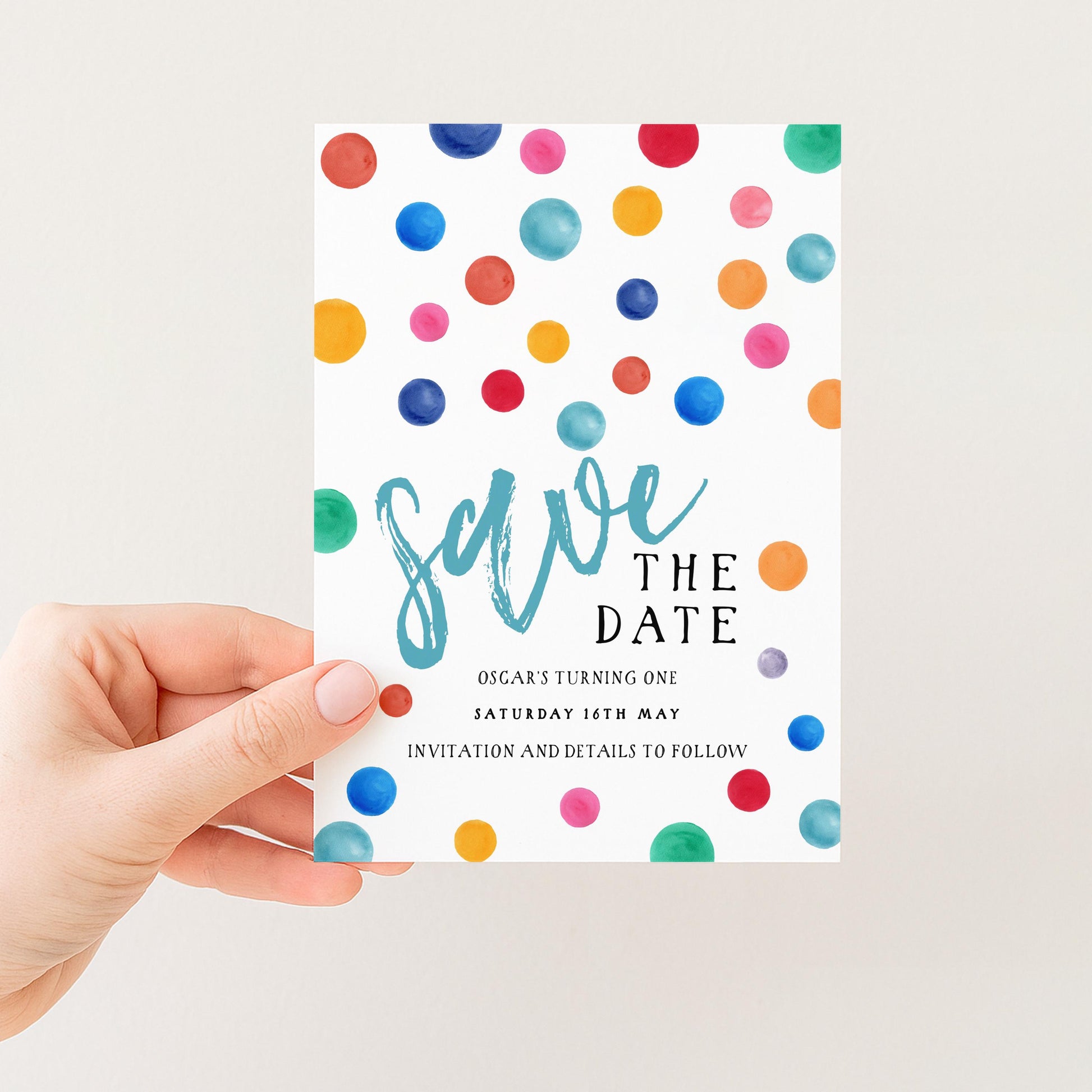 Polka Dot Save the Date Invitation EDITABLE Multi Coloured Spots Invitations Digital Instant download DTS8