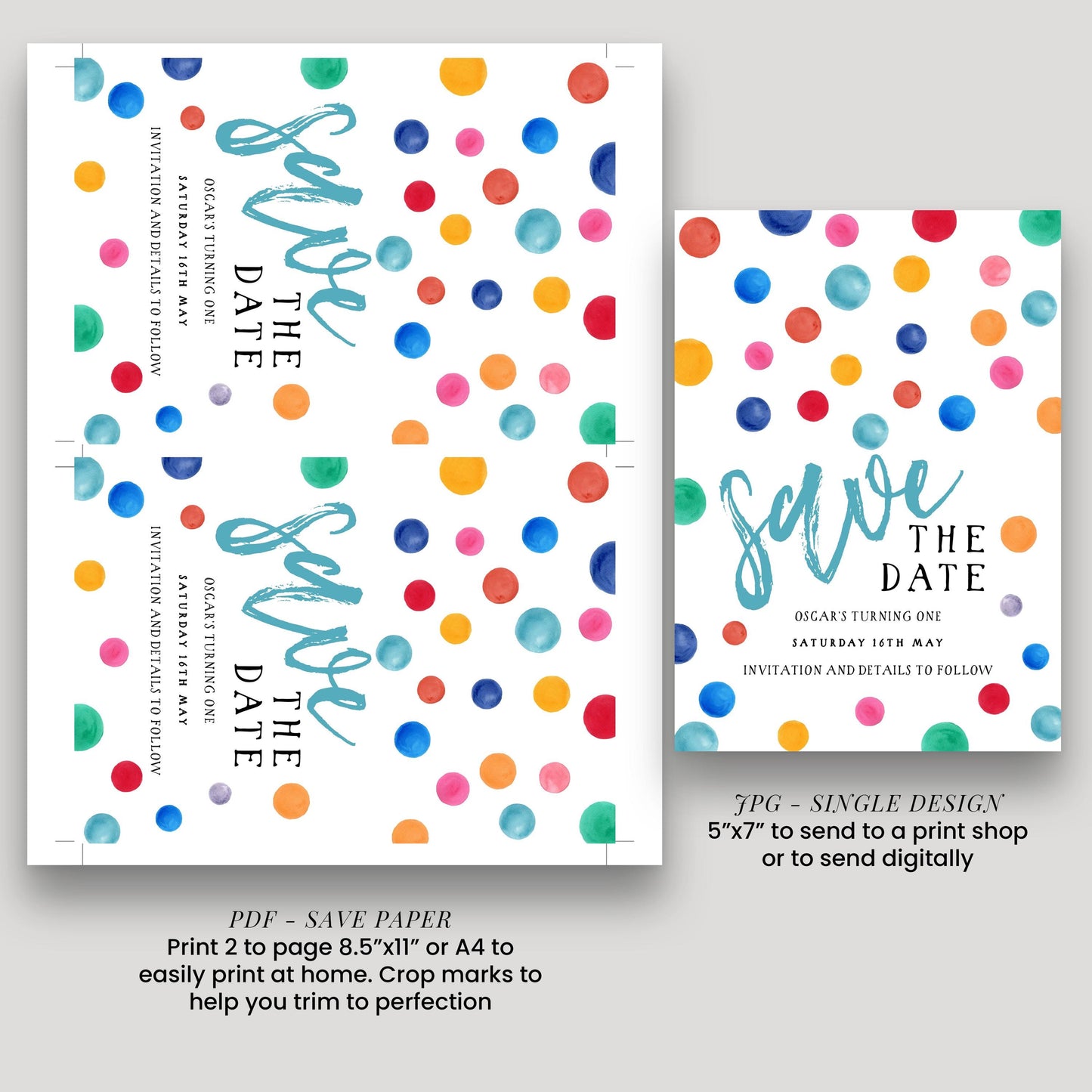 Polka Dot Save the Date Invitation EDITABLE Multi Coloured Spots Invitations Digital Instant download DTS8