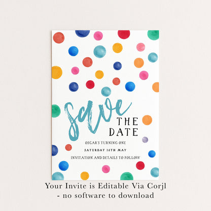 Polka Dot Save the Date Invitation EDITABLE Multi Coloured Spots Invitations Digital Instant download DTS8