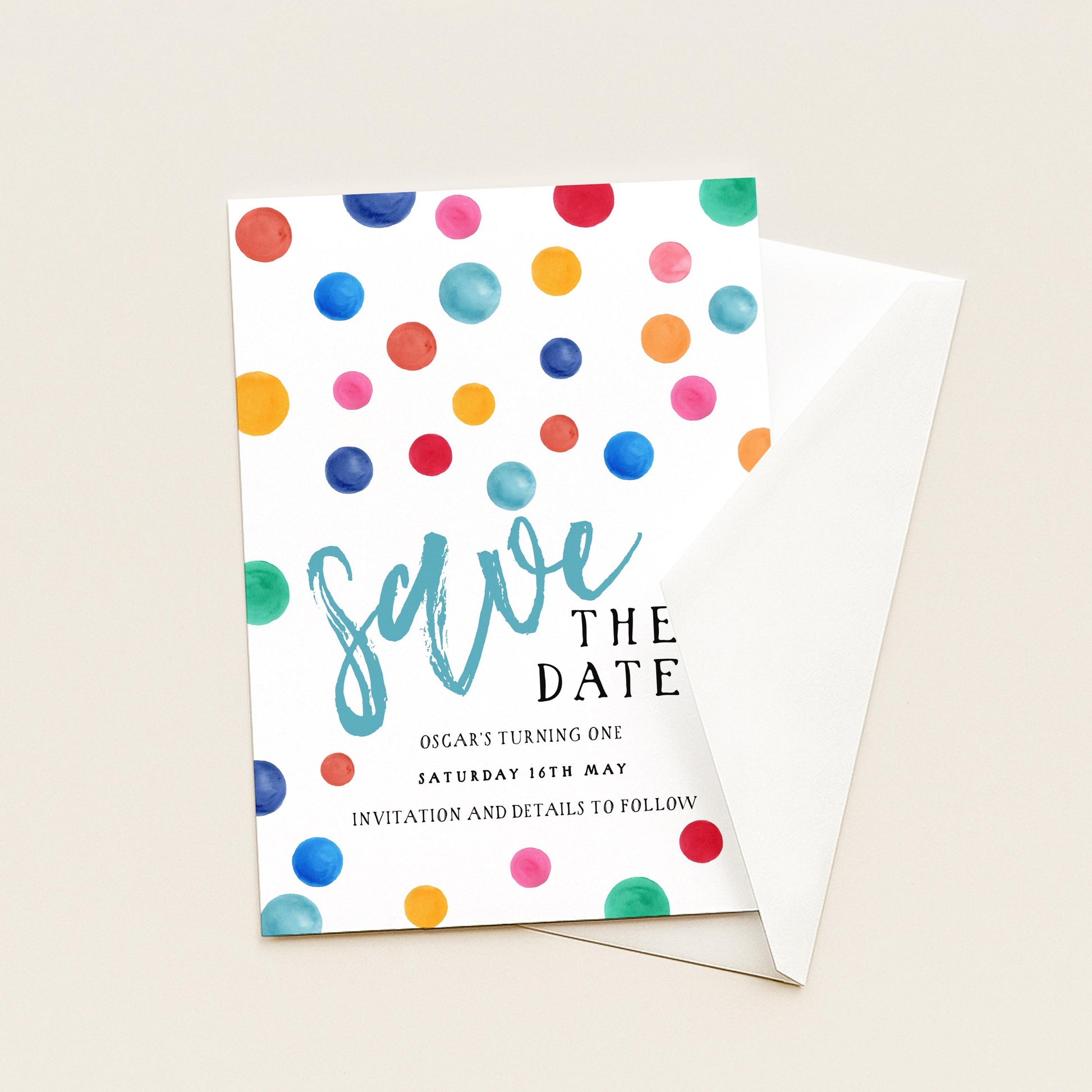 Polka Dot Save the Date Invitation EDITABLE Multi Coloured Spots Invitations Digital Instant download DTS8