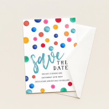 Polka Dot Save the Date Invitation EDITABLE Multi Coloured Spots Invitations Digital Instant download DTS8