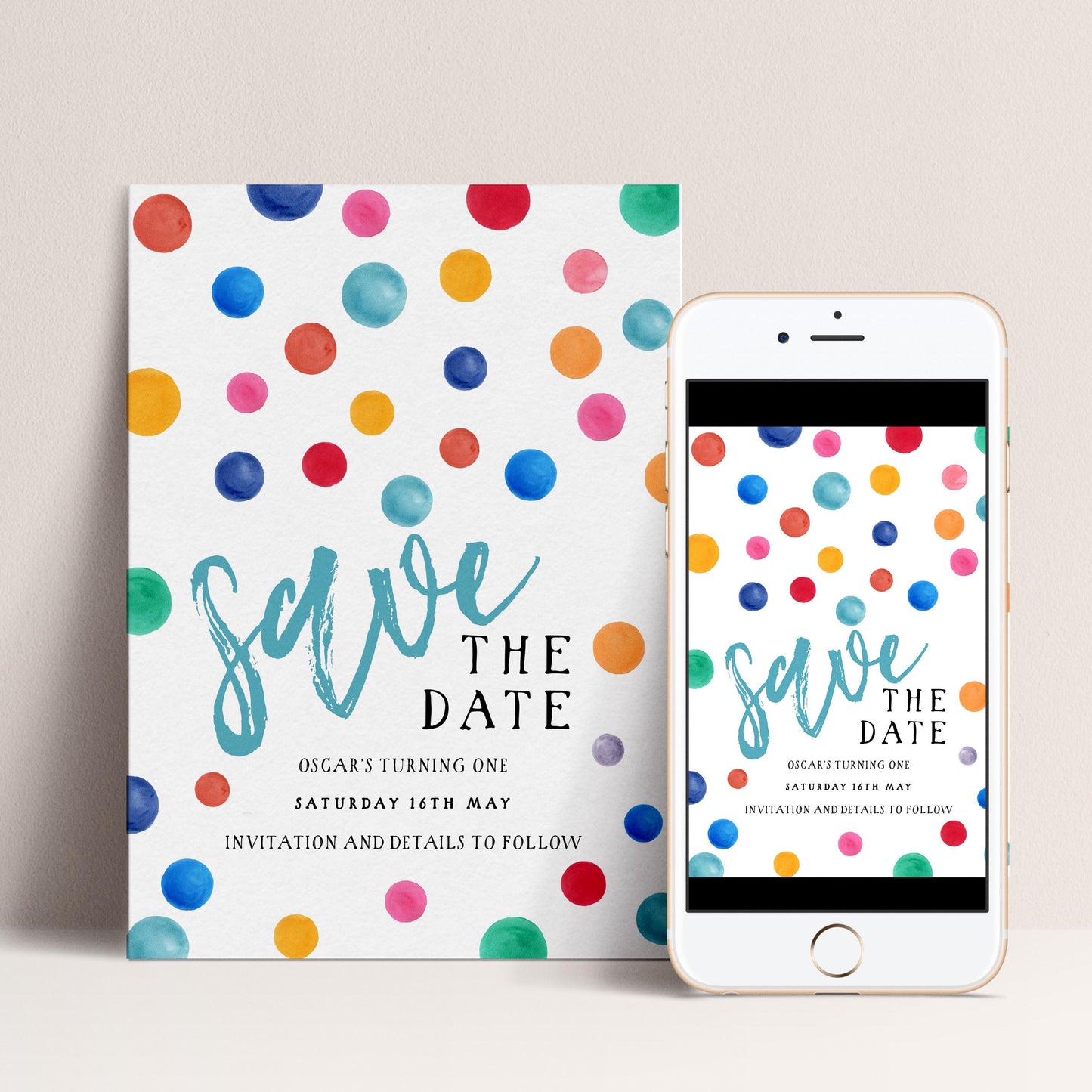 Polka Dot Save the Date Invitation EDITABLE Multi Coloured Spots Invitations Digital Instant download DTS8